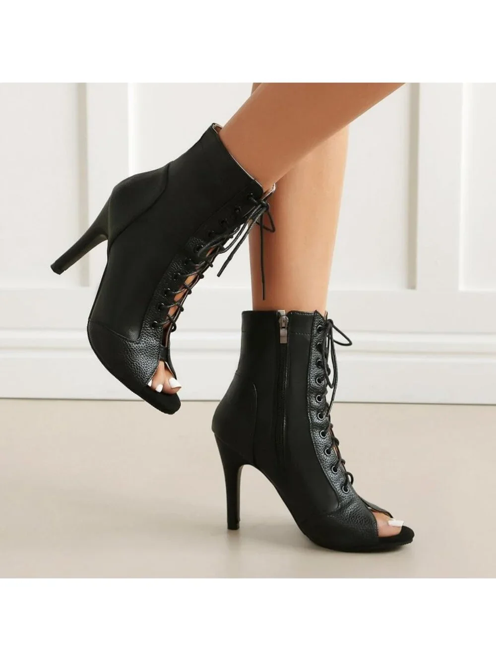 Women's Black Buckle Lace Up Mesh Sandal Peep Toe High Heel Ankle Boot